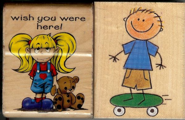 Lot of 2 Rubber Stamp Little Girl with Teddy & Boy on skate Board SSBD1-7