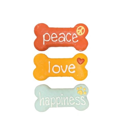 Peace, Love, Happiness Bone Shaped Cookie by Bosco & Roxy's Bakery