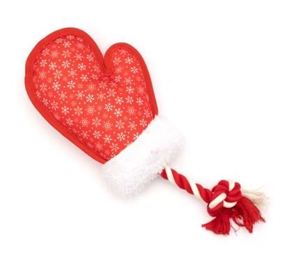 Red Holiday Mitten Plush Dog Toy by The Worthy Dog