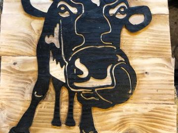 rustic artwork, wood picture of cow