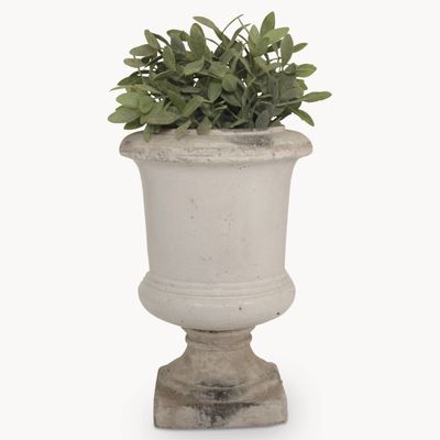 Tall White Stone Ceramic Pot Planter Vase with green faux artificial silk foliage flowers