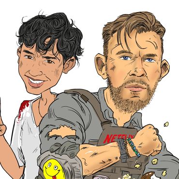 Chris Hemsworth and Rudhraksh Jaiswal caricature Extraction parody cartoon by Australian cartoonist.