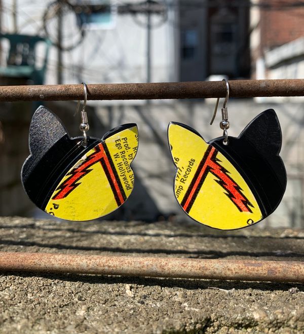 Upcycled hand made one-of-a-kind cat head vinyl record earrings