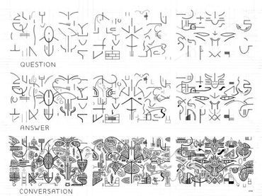 pen & ink, three rows  hieroglyphic-like symbols each more detailed than the last; Question  Answer 