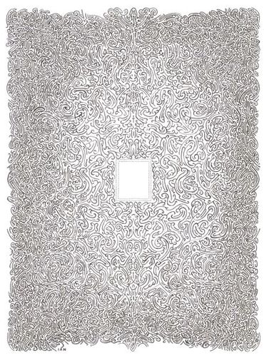pen and ink drawing of a filigreed picture frame with a one square inch opening in the middle