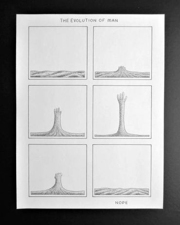 six-panel black and ink drawing, hand rising in panels two to four, retracting  in five and six 
