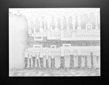 ballpoint pen drawing of industry polluting the air and the water