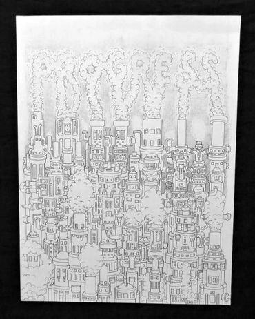 ballpoint pen drawing, with each letter of the word progress arising from individual smoke stacks