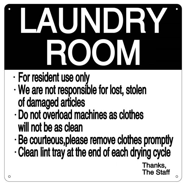 LAUNDRY ROOM RULES SIGN (BLACK&WHITE ALUMINUM SIGN IDEAL FOR NYC)  HPD