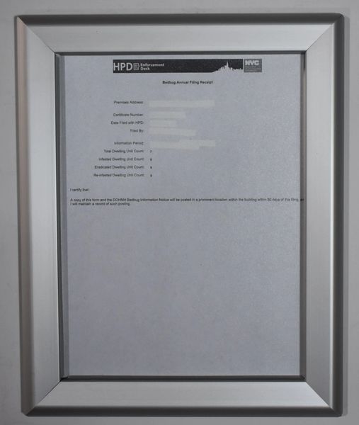 BEDBUG ANNUAL FILING RECEIPT FRAME , NYC bedbug annual filing HPD