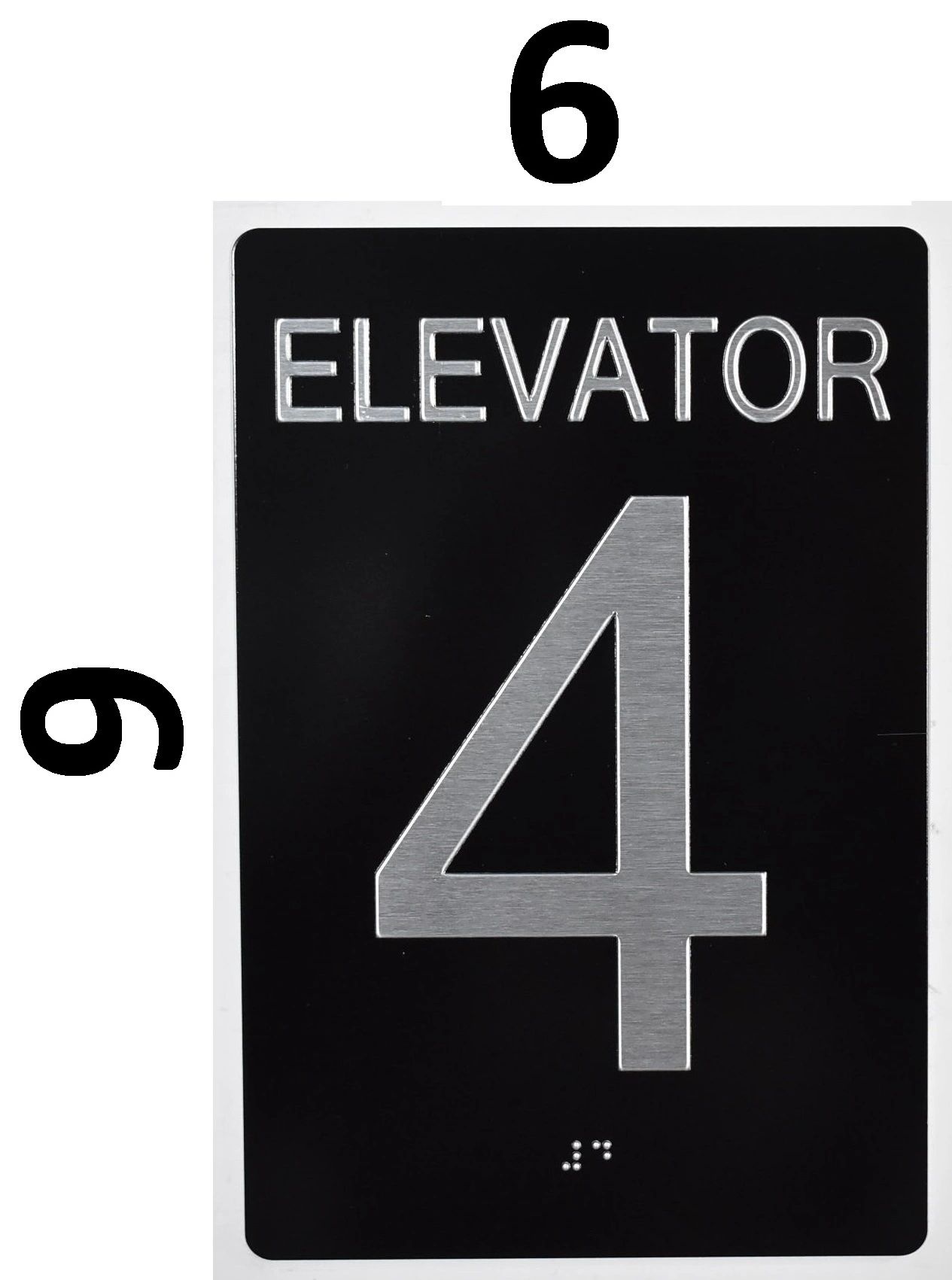 "6" Elevator ADA Braille 4 x 4 Jamb Plate Stainless Steel Black Background 