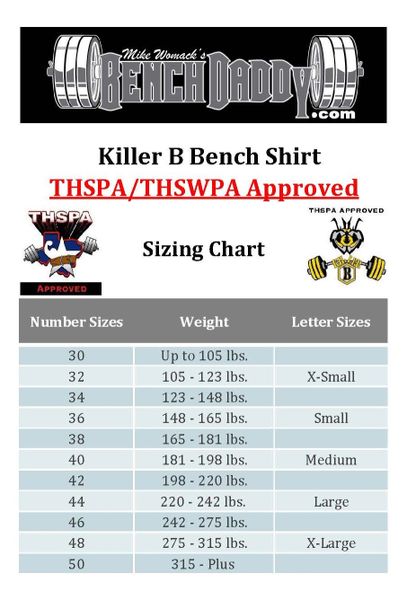bench shirt size chart