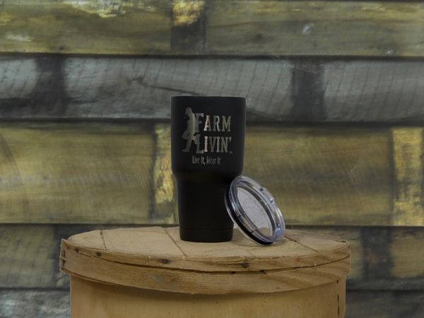 Black powder coated Stainless Steel Mug/ Farm Livin Logo