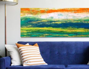 Blue orange and green mid century modern abstract landscape painting on canvas original wall art 