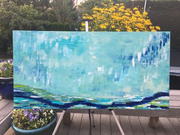 24x48 Large Original Acrylic Blue Abstract Landscape Painting on Canvas by Seattle Artist Debby Neal