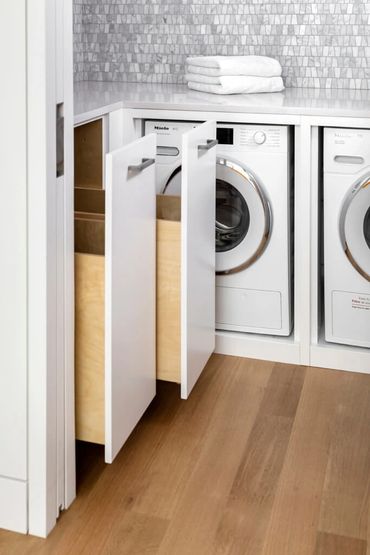 laundry hamper pull outs custom cabinet slab white miele washer dryer