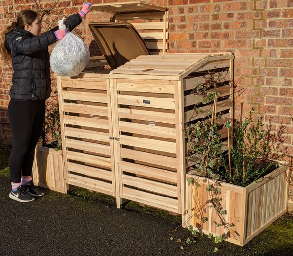 Bin Garden Double BUNDLE Wooden Slatted Wheelie Bin Garbage Cover Trash