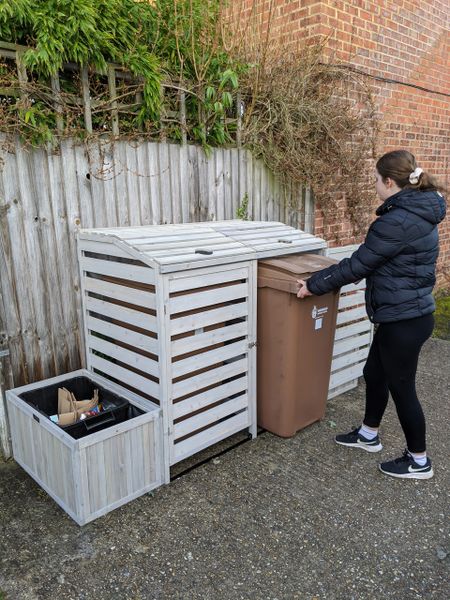 Garbage Shed for up to 240L Bins / 65G Cans BinGarden Double Wheelie Bin Store with Bi-Fold Roof and matching Planters Planter Boxes for storage of two Kerbside Recycling Boxes Painted Silver Grey