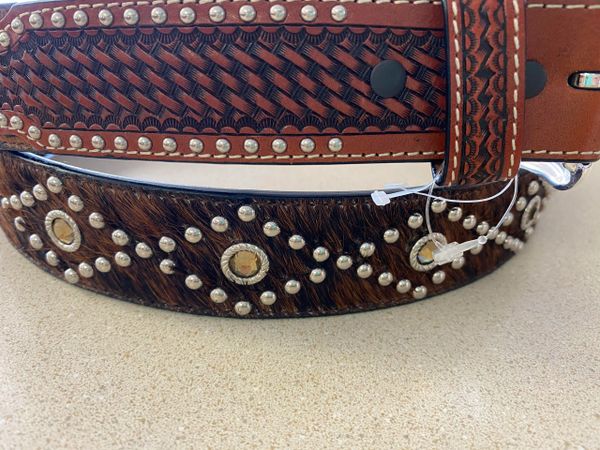 Men's Dark Tan Jeweled Cow hair Belt