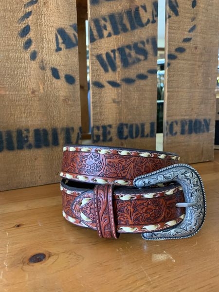 TOOLED WITH WHITE THREAD MENS BELT