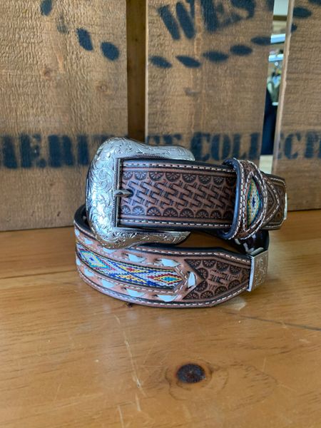 Mens Nocona Scalloped With Fabric Inlay Brown Belt