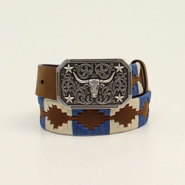 3D BOYS BELT 1 1/4 SOUTHWESTERN LACING LONGHORN BUCKLE BROWN