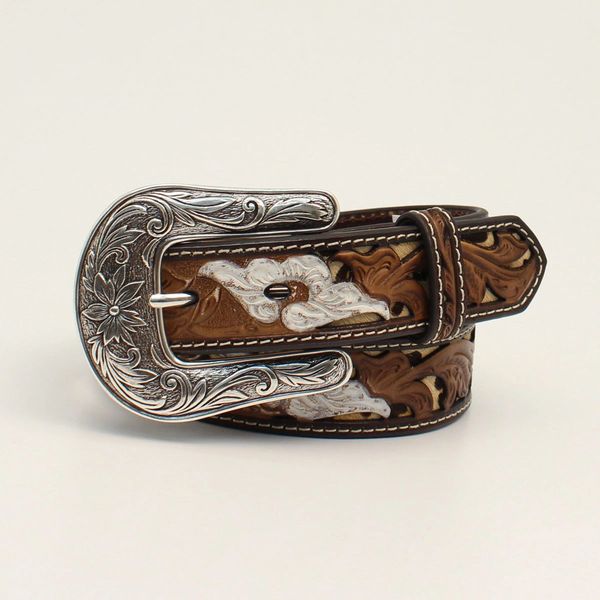 NOCONA GIRLS BELT 1 1/4 LEOPARD UNDERLAY PIERCED FLOWER BROWN