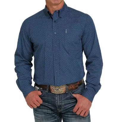 Men's Cinch Navy and Blue Geometric Print Button-Down Shirt