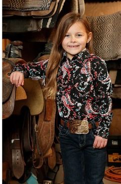 Cinch® Youth Girl's Black Paisley Printed Snap Button Shirt