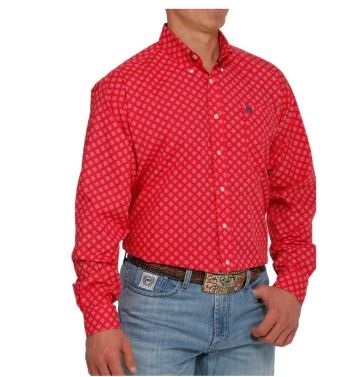 Cinch® Men's Diamond Print Red & Navy Button Down Shirt