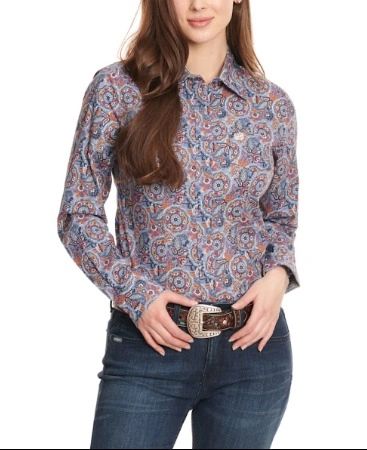 Cinch Women's Blue with Red and Orange Floral Medallion Print Long Sleeve Western Shir