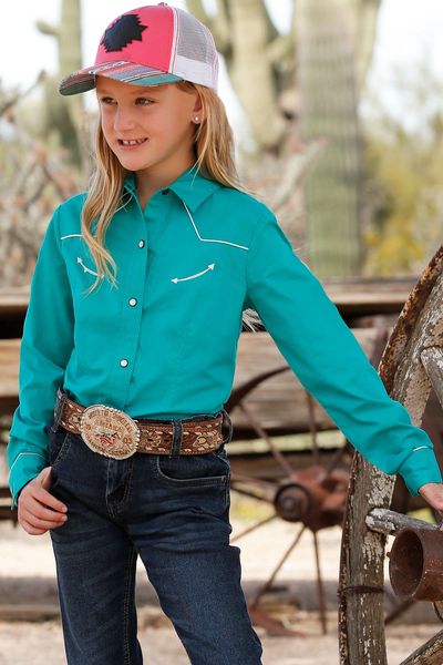 GIRLS L/S BUTTON DOWN TEAL