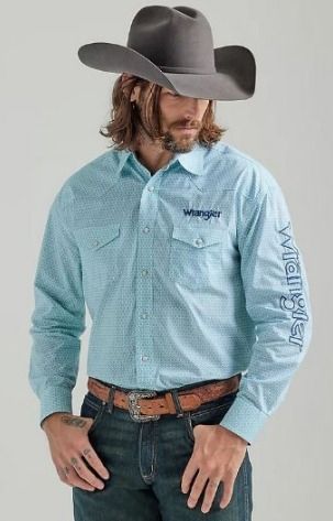 Wrangler Logo Long Sleeve Mens Plaid Snap Shirt