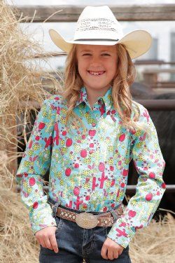 GIRL'S CACTUS PRINT BUTTON-DOWN WESTERN - TURQUOISE