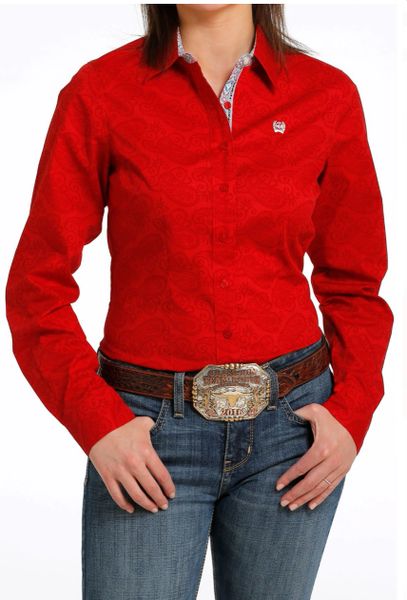 Women's Cinch Button Down Shirt Red w/ Contrast Sleeve