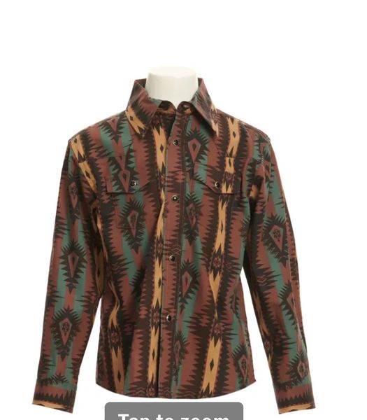 Wrangler Boy's Checotah ​Cinnamon & Teal Colorful ​Aztec Stripes Long Sleeve Western Shirt