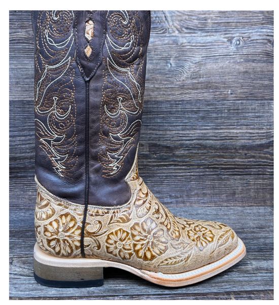 Women's Tan Tooled Leather Square Toe Western Boot by Cowtown