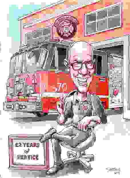 Gift Caricature for CFD fire chief's retirement party. Photos were provided along with a description