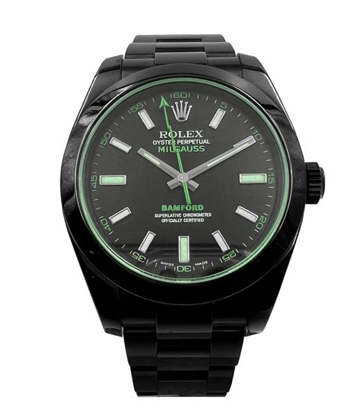 Rolex Stainless Steel Milgauss Bamford Blacked Out Green Automatic  Wristwatch