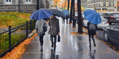 Painting by Laurie Campbell. Ste Catherine Street in the Fall. Oil on canvas