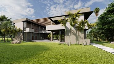 Modern two-story house with large windows and surrounding greenery under a partly cloudy sky.