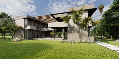 Modern house with large windows and palm trees under a blue sky.
