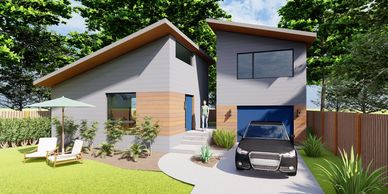 Modern two-building house with wooden accents, driveway, and garden seating area.