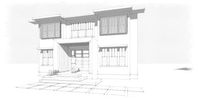 Sketch of a modern two-story house with large windows and a covered entrance.