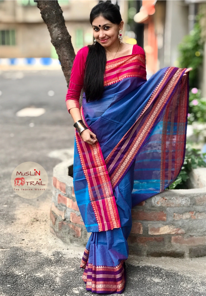 Peacock Blue & Pink Kanchi Cotton Handloom Saree