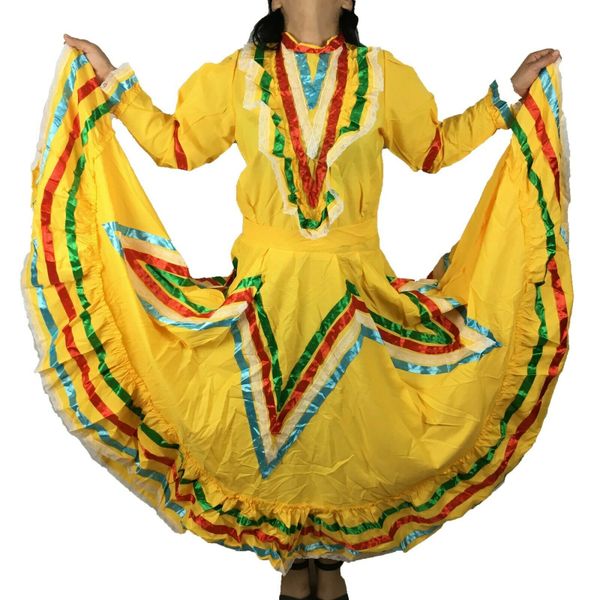 Mexican Folklorico Jalisco Dress Super Wide Skirt Dance Adelita Small Oro Import