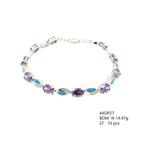 925 SILVER LAB OPAL OVAL AMETHYST CZ ,ILAID SETTING LINK BRACELET,44OP27-K5-AM