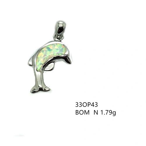 925 STERLING SILVER INLAID WHITE LAB OPAL DOLPHIN PENDANT-33OP43-K17