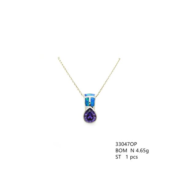925 STERLING SILVER INLAID LAB BLUE OPAL PENDANT WITH AMETHYST -33047-K5