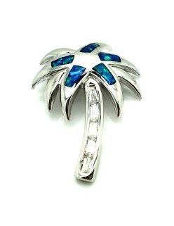 925 sterling silver inlaid palm tree simulated blue opal pendant-33op57-K5